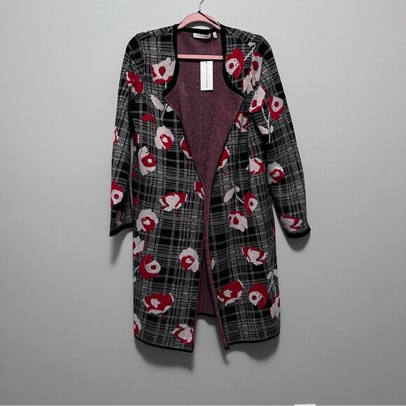 Notations Long Plaid/Floral Open Front Cardigan Sweater Size L  NWT! - Picture 1 of 6